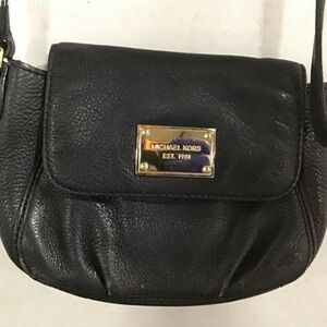 Michael Kors Black Leather Crossbody Bag with Gold Accents